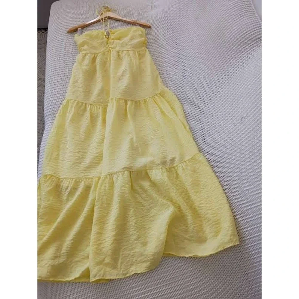 Cottagecore Boho Yellow Textured 100% Cotton Tiered‎ Maxi Halter Dress S NWOT